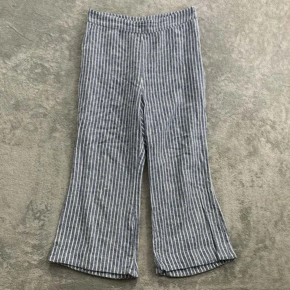 Free People Linen Blend Pants Womens 8 Blue Pinestripe High Rise Pull On Boho